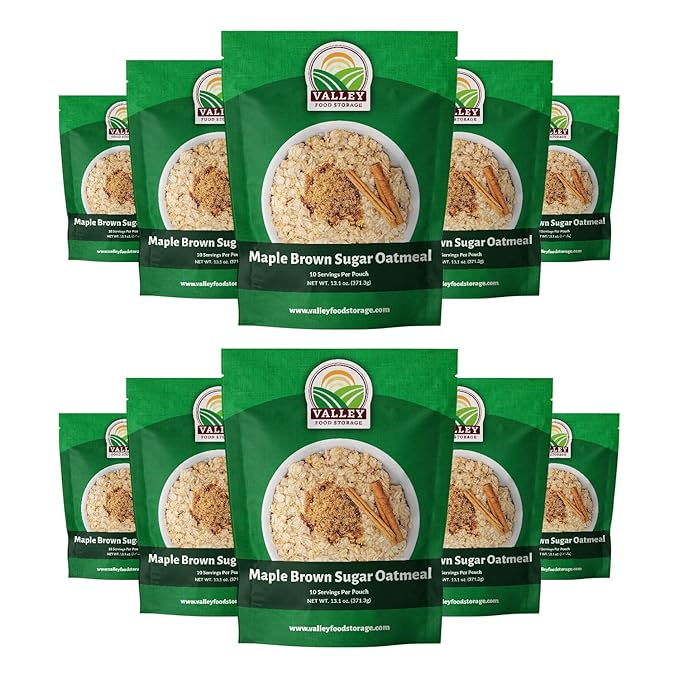 Valley Food Storage Maple Brown Sugar Oatmeal | 10-Bag Bucket, 100 Servings | Premium Emergency Food Supply, 25 Year Shelf Life | Survival Breakfast Food for Prepper Storage & Camping