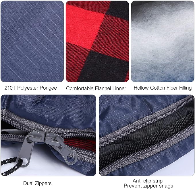 REDCAMP Flannel Sleeping Bag for Adults, Comfortable Cotton Sleeping Bags for Camping with Detachable Hood, Red/Grey/Blue/Black