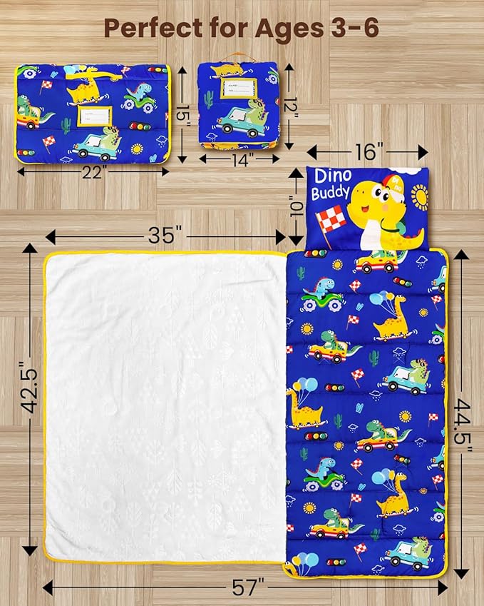 Primlect Toddler Nap Mat with Removable Pillow and Flannel Blanket, Portable Sleep Bag for Kids, Easy to Roll up, Washable, Perfect for Daycare, Preschool, Boys and Girls, 3-6 Years
