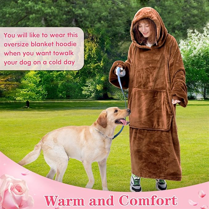 Waitu Wearable Blanket Sweatshirt Gifts for Women and Men, Warm and Cozy Giant Blanket Hoodie, Thick Flannel Blanket with Sleeves and Giant Pocket - Camel