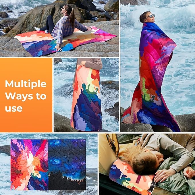 KingCamp Ultralight Camping Blanket, Packable Down Alternative Puffy Printed Wearable Blanket with Snap Buttons & Corner Loops Weatherproof Quilt for Outdoor Travel Stadium (79" L x 57" W, Colorful)