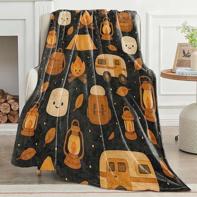Camping Blanket Cute Cartoon Campfire Tent Marshmallow Lantern and Camper Pattern Throw Blankets Lightweight Flannel Throws for Couch Chair Office Bed Home Decor Gifts for Adults,50x40inch