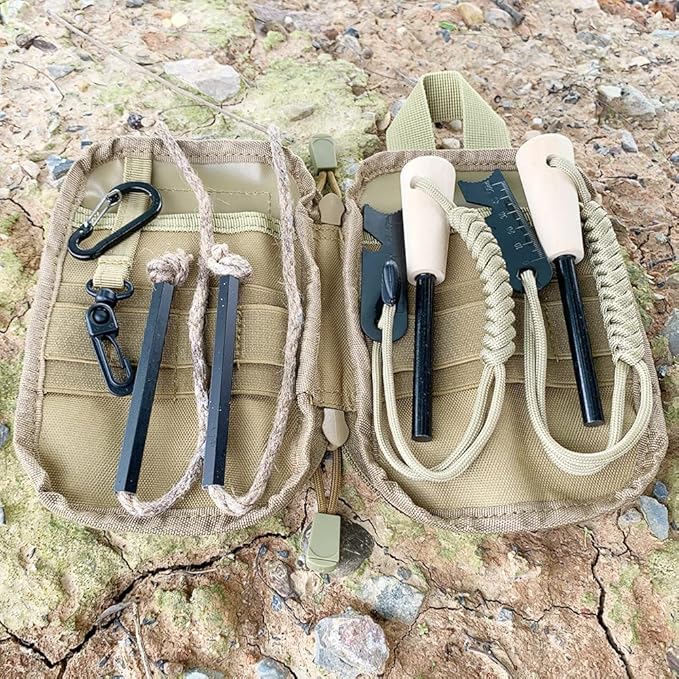Fire Starter Survival Kit, Larger Ferro Rod with Striker Lanyard 3in Long Flint and Steel, 13.8in Wick Hemp Cord, Multifunctional Bag
