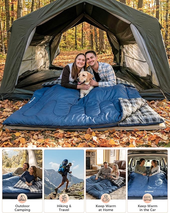KingCamp Double Sleeping Bag for Adults, Queen Size 2 Person XXL Flannel Sleeping Bag, Waterproof Lightweight Flannel Quilt with 2 Pillows, Perfect for Couples Family Camping Hiking