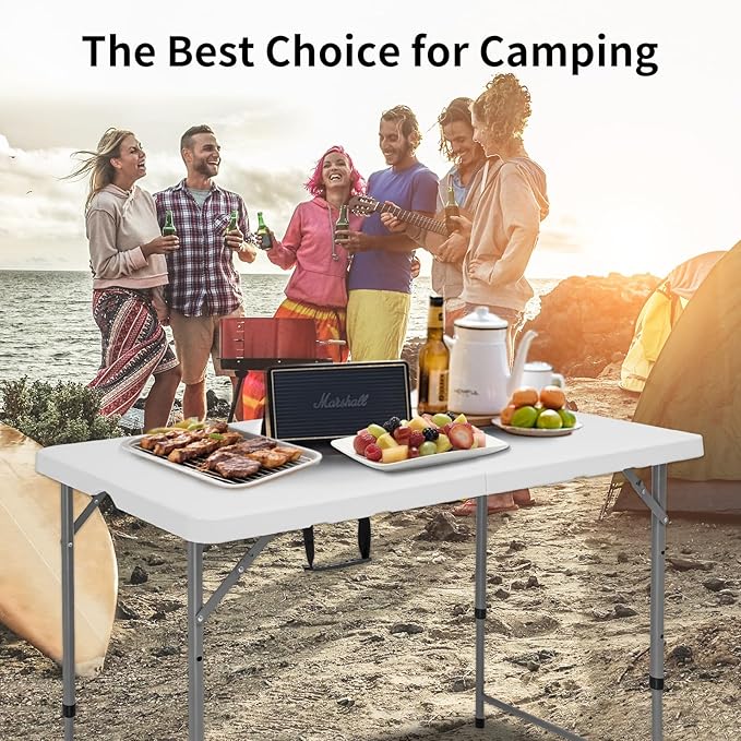 Folding Camping Table 4 Foot Adjustable Height 350lbs, 4FT Folding Picnic Card Table for Outdoor, Plastic Rectangular Dining Work Tables for Indoor, Heavy Duty Fold-in-Half Tray Tables
