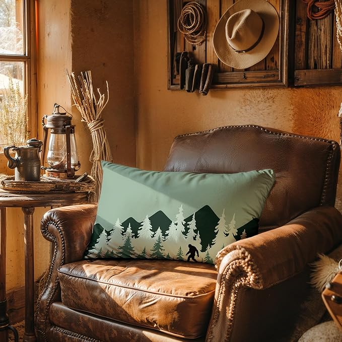 Bigfoot Sasquatch Forest Camping Throw Pillow Cover 20x12, Camping Themed Pillowcase for RV Campsite Sofa Decor, Fun Gift for Camp Lovers (Green)