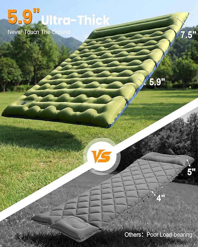 Double Sleeping Pad for Camping, 5.9 Inch Thick Self Inflating Sleeping Mat for Camping with Built in Pillow and Foot Pump, 2 Person Camping Mattress for Backpacking Hiking
