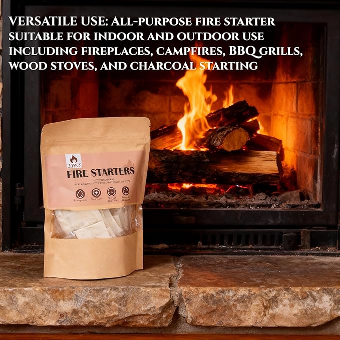 (30 Pcs/Bag) Waterproof Fire Starters for Campfires & Fireplace -Quick Light Charcoal Starter Squares, Odorless Fire Starter for Wood Stove, Grill, BBQ & Non-Toxic - Burns 10 Min