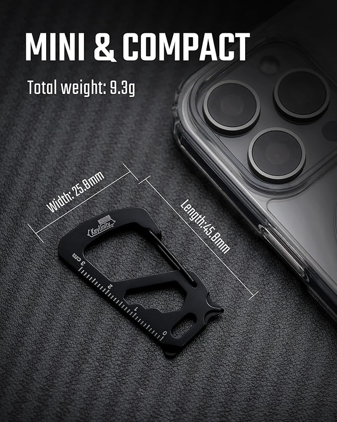 KeyUnity KS00S Carabiner Clip Multitool Stainless Steel 7 Tools in 1, Quick Release Clasp, Wrench, Cross Screwdriver, Slotted Screwdriver, Bottle Opener, Ruler, Key Holder (PVD Black,Small)