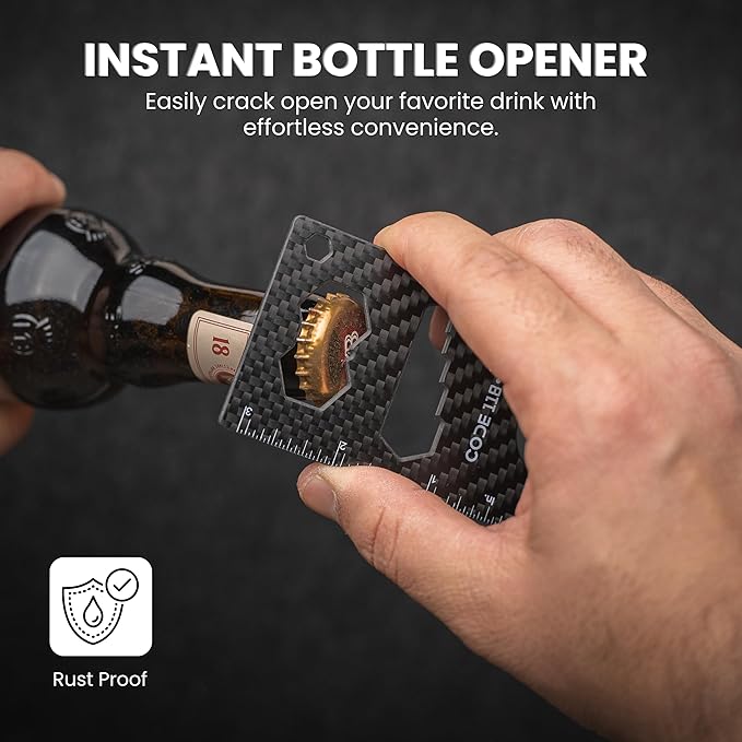 Code 118 Multi-Tool Card - 12-in-1 Credit Card Multitool with Bottle Opener, Ruler (In & CM) and 8 Wrench Sizes - Slim Survival Multipurpose Tool, Wallet not Included (Carbon Fiber)