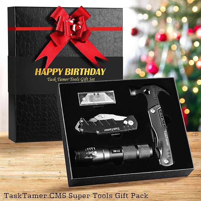 Birthday Gifts for Men, Multitools Gift Set "Happy Birthday", 3 In 1 tools Set with Multi-tool Hammer, Utility Knife & Tactical Flashlight, EDC Toolbox for Car, Gifts Set For Dad Husband for Birthday