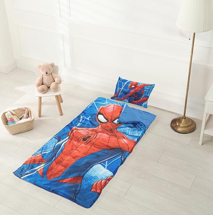 Marvel Spiderman 3 Piece Sleepover Set - Cozy & Warm Kids Slumber Bag with Pillow & Eye Mask (Official Marvel Product)