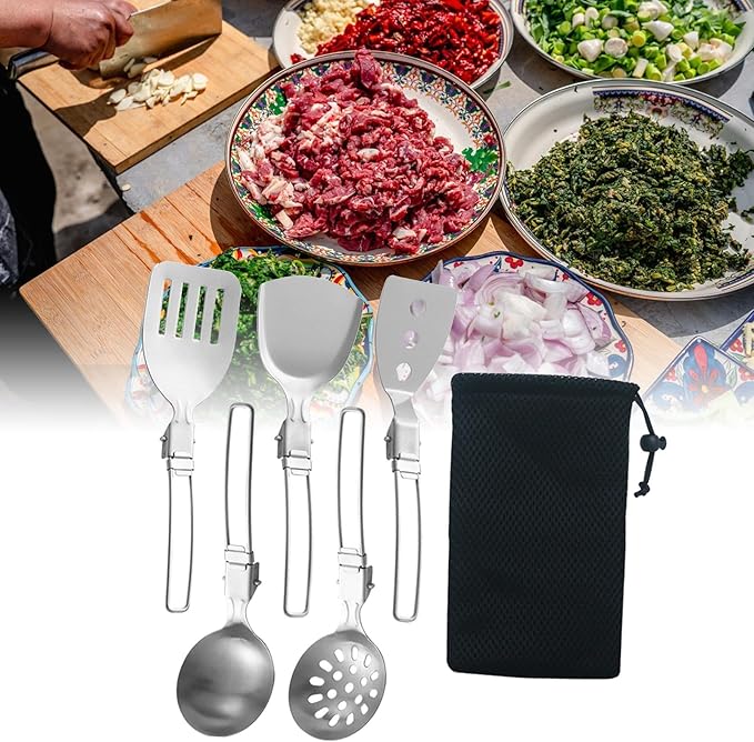 Esquirla 6Pcs Camp Cooking Utensil Set,Outdoor Kitchen Gear, Foldable Cooking Organizer Metal Camping Kitchen Utensil Set, Cookware Kit for Camp RV, BBQ