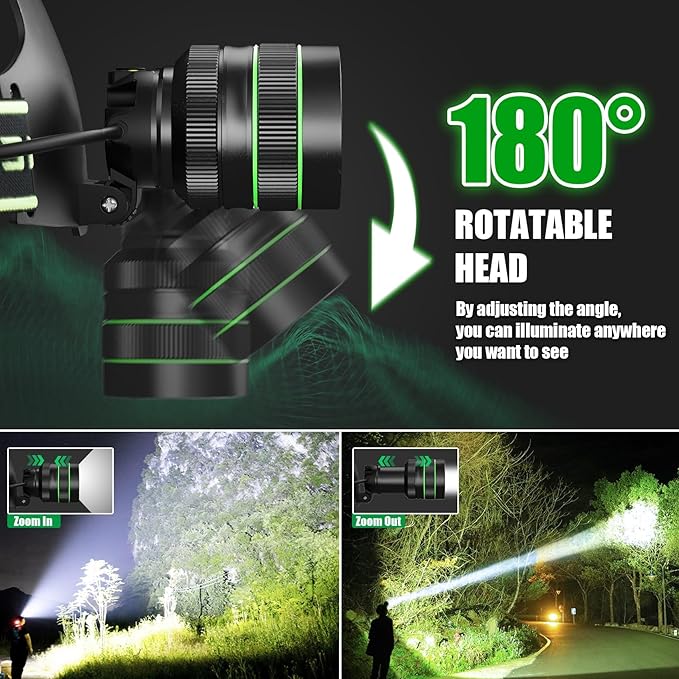 Rechargeable Headlamp, LED Super Bright Headlight, 5 Modes Zoomable Head Lamp, 180°Adjustable, IPX6 Waterproof for Camping, Running, Climbing, Hiking