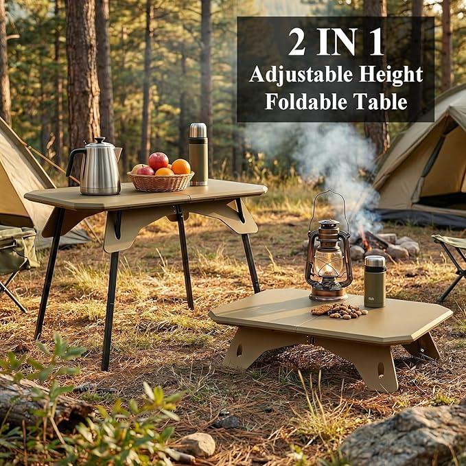 LiveGo Foldable Camping Table, Lightweight Folding Outdoor Table with Aluminum Legs, 2 in 1 Adjustable Height Portable Folding Table for Beach, Picnic, Grilling, Hiking & Fishing Indoor Outdoor