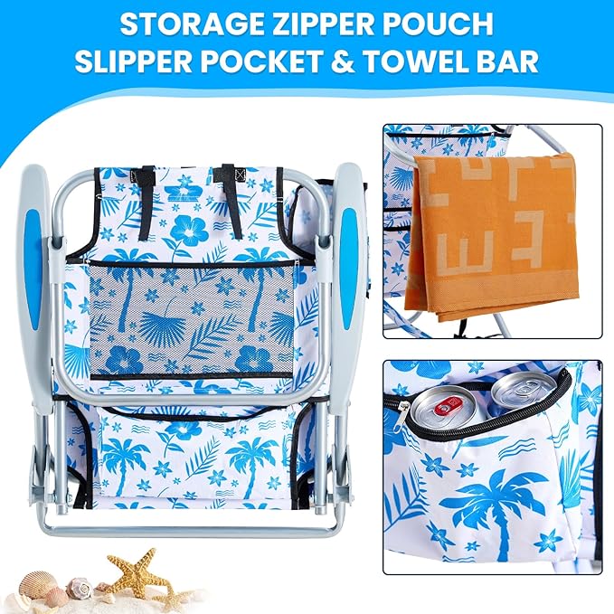 Portable Beach Chair for Adults, Outdoor Camping Chair Lay Flat Folding Backpack Beach Reclining Chair with 5 Positions, Headrest, Cup Holder, Heavy Blue Coconut Tree
