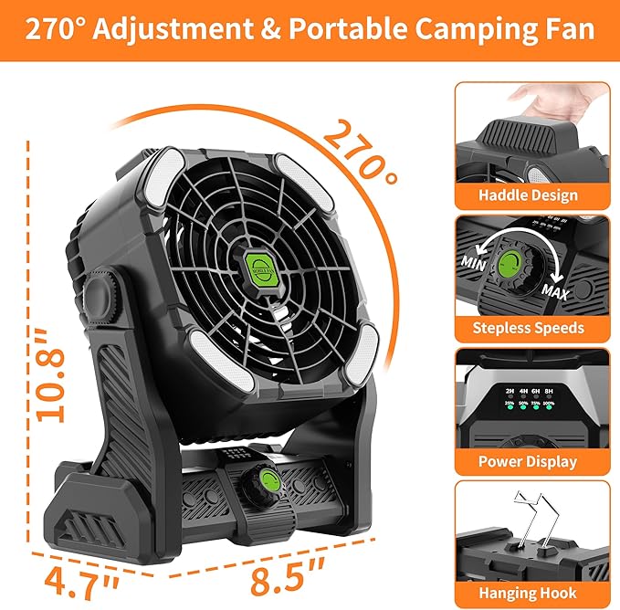 20000mAh Rechargeable Fan Portable, 270°Cordless Battery Powered Fan with LED Lantern, USB Camping Fans Battery Operated for Travel Tent Beach Fish Bedroom Desk Table