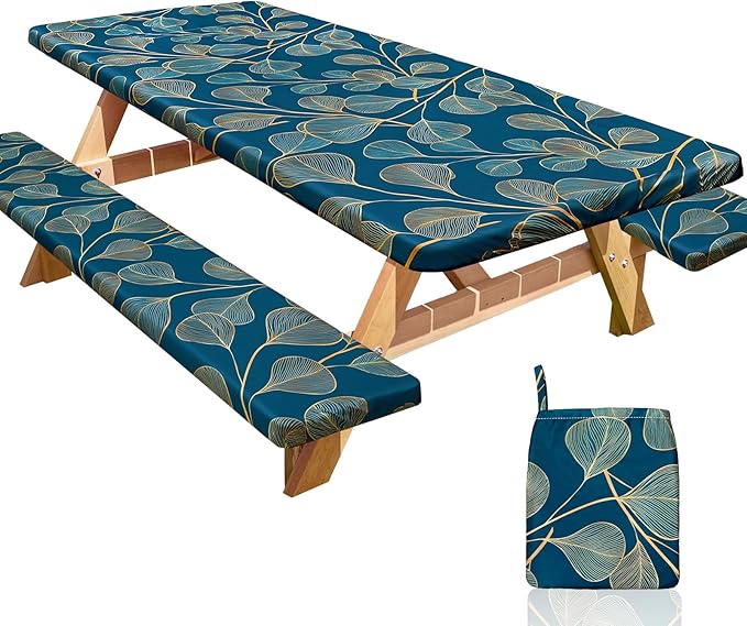Picnic Table Cover with Bench Covers Portable Table Cloth Built-in Storage Pocket Fitted Tablecloth with Elastic Edges Waterproof Camping Essentials for Indoor Outdoor Rv,72in,Blue-gray
