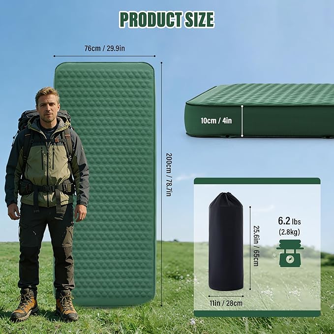 Self Inflating Sleeping Pad with Electric Pump 4 Inch Ultra Thick Memory Foam Sleeping Pad for Camping All Season Single Size Portable Automatic Inflatable Camping Mattress for Travel, Tent (Green)