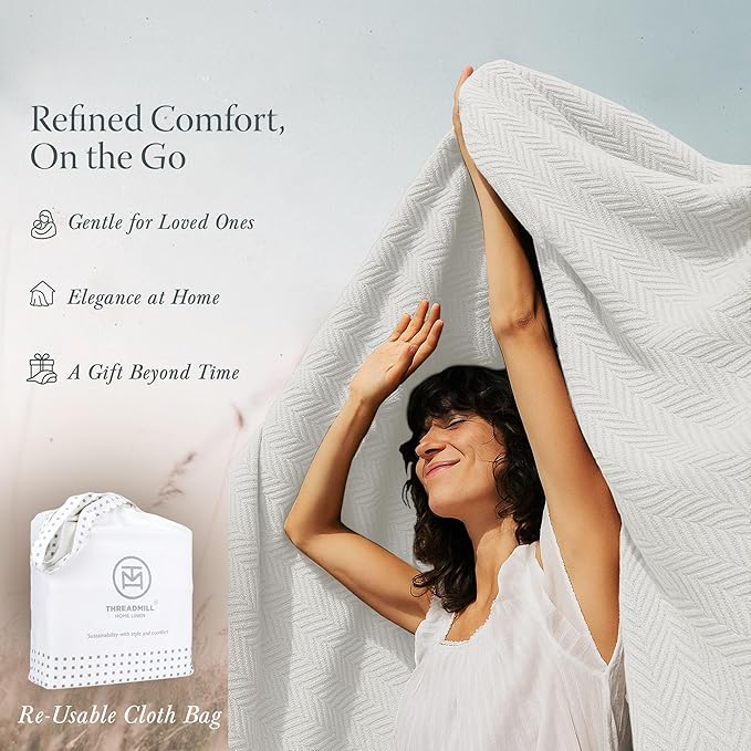 Threadmill Luxury Cotton Blankets for Twin Size Bed | All-Season 100% Cotton Twin Blanket for Bed | Herringbone Soft & Cozy Fall Thermal Blanket, 350GSM, 68x92 inches | Tusk White
