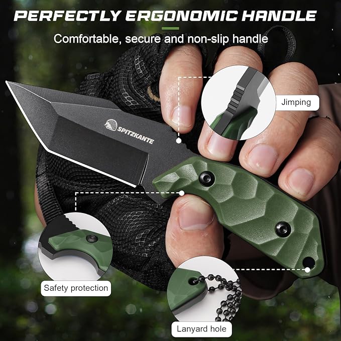Neck Knife with Sheath and Necklace X-TAN-K, Full Tang Tanto Knife with 5Cr14MoV Steel Blade and Green ABS Handle, Horizontal Carry Knives
