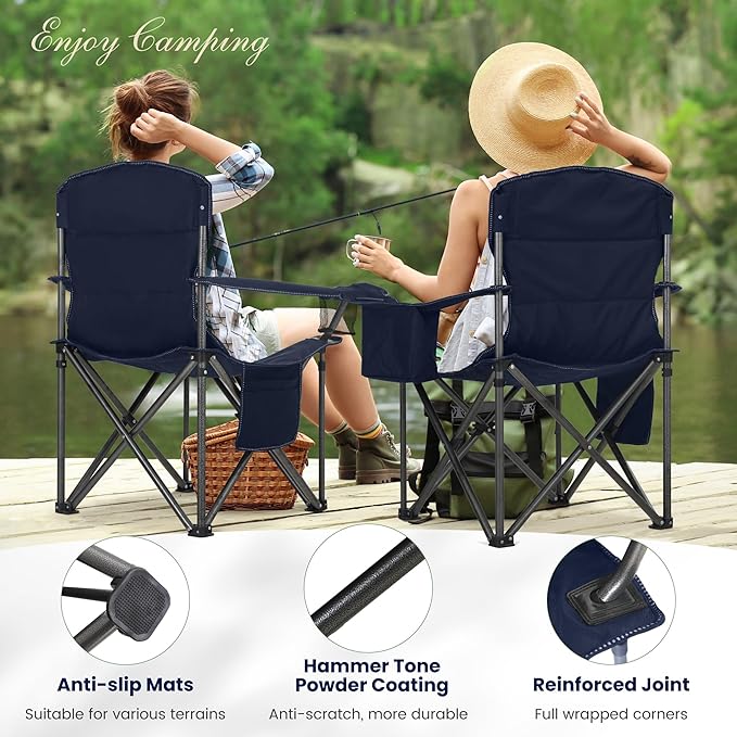 HIGH POINT SPORTS Oversized Portable Folding Camping Chair, Blue, 450 LBS Support, Sports Lawn Chair with Cup Holder and Cooler Bag