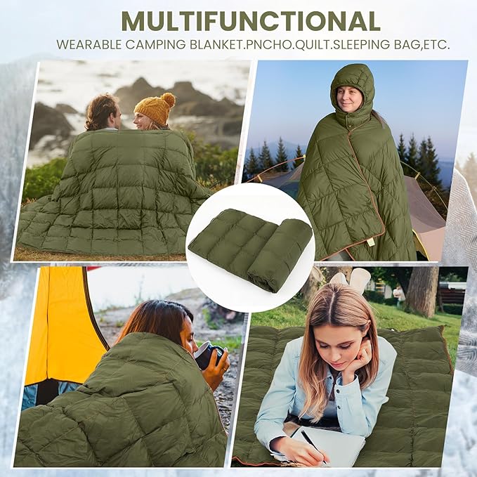 HunnmingRe Upgraded Hooded Down Camping Blanket Waterproof 650 Fill Puffy Poncho Blanket 77" x 50" Packable Wearable Sleeping Bag with Detachable Hat Outdoor Stadium Camping, 1.36 lb(Olive Green)