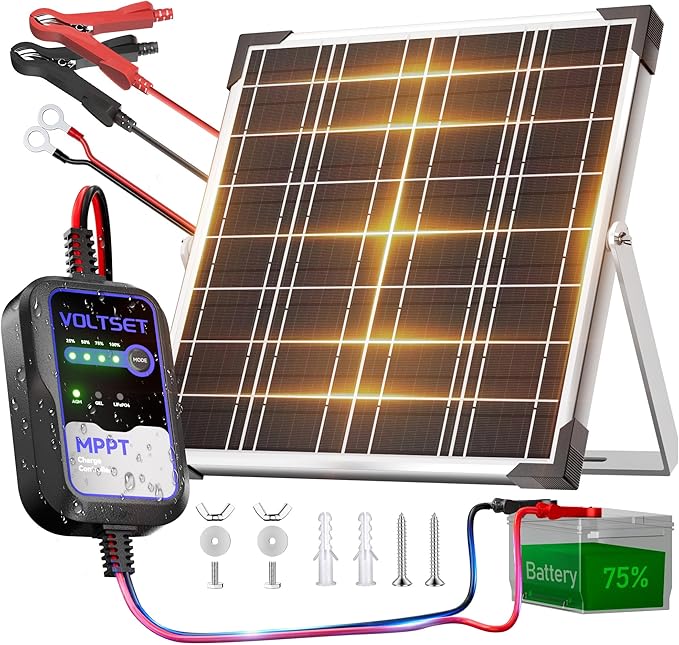 Voltset Solar Panel Kit 20W 12V with MPPT Controller, Solar Battery Trickle Charger Maintainer, Waterproof Solar Panel with Adjustable Mount Bracket for Boat RV Motorcycle Marine