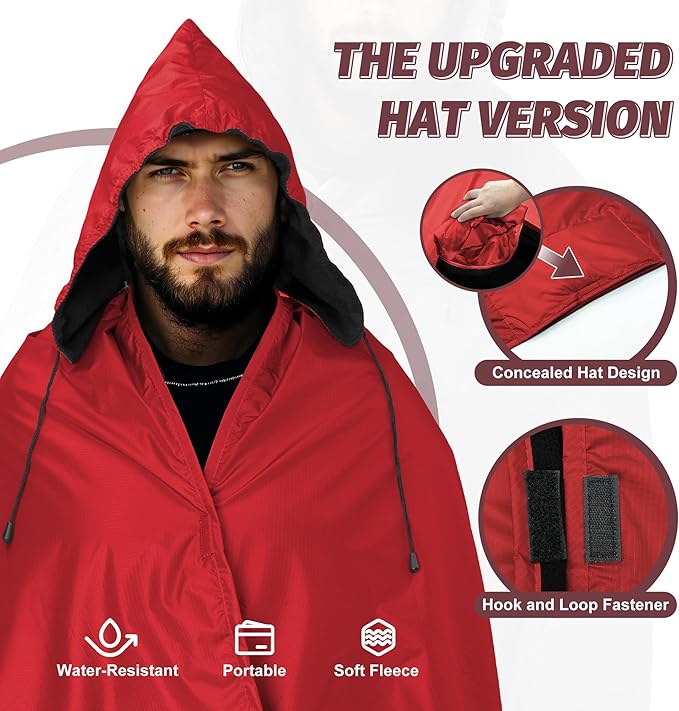 Fleece Waterproof Outdoor Blanket - Windproof Stadium Blanket for Camping, Picnics, and Sports Stay Dry and Comfortable 80"x 58"(Hoodeed, Red)