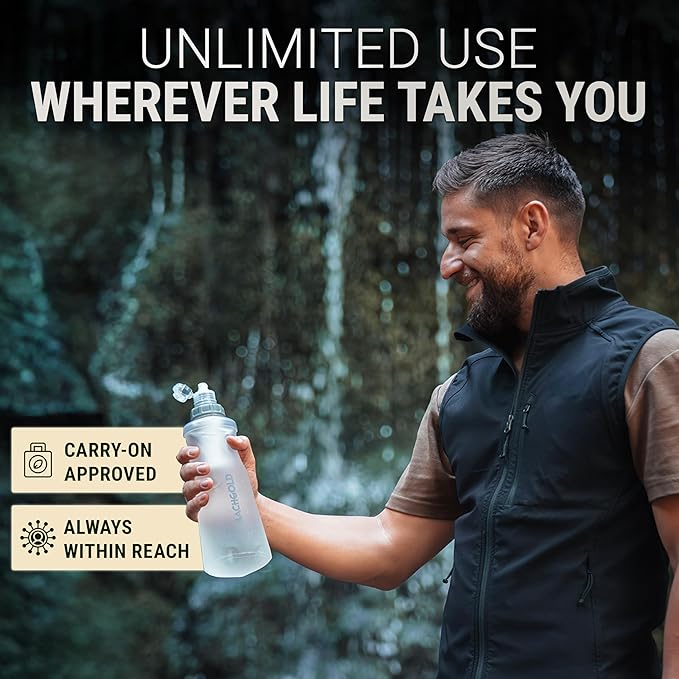 Water Filter Camping – Bachgold Squeeze Foldable Squeeze Bottle | Ultralight Backpacking Filtration for Hiking, Survival & Emergency | Dual-Stage Filtration, Swiss Design