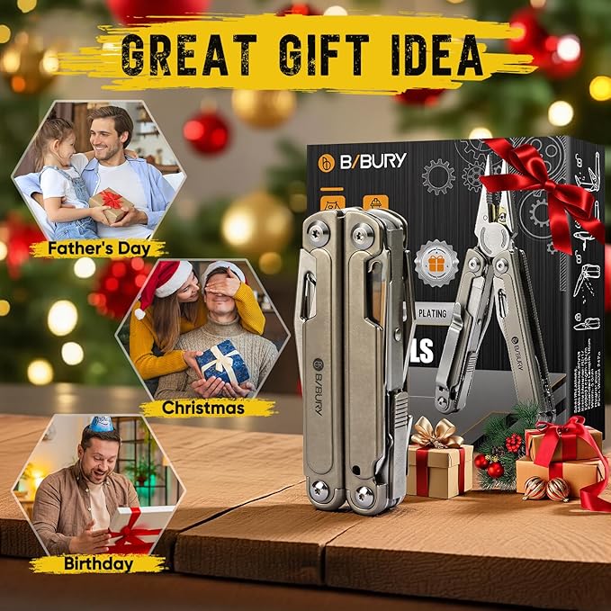 BIBURY 24-in-1 Titanium Multitool Pliers, 8.7oz Ultra-Light EDC Pocket Tool with Sheath & Belt Clip, Aerospace-Grade Titanium Handle for Camping, Hiking, DIY, Gift for Men - 2048DT