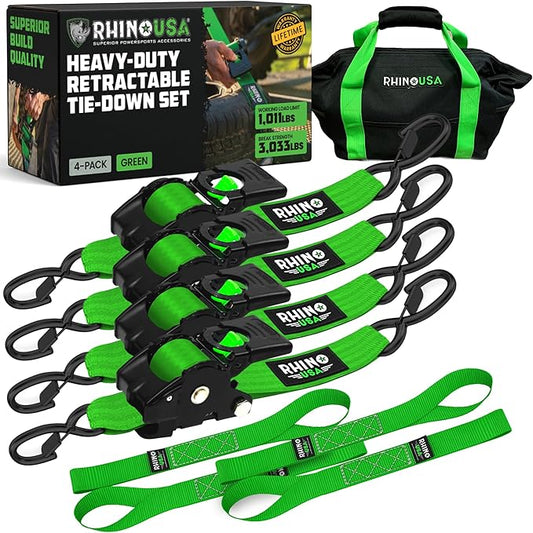 Rhino USA Retractable Ratchet Straps (4-Pack) - 2 Inch x 10 Feet (3,033lb Break Strength) - Heavy Duty Auto Self Retracting Tie Down Straps for Truck, Cargo Trailer, Motorcycle, Rad & More - Green