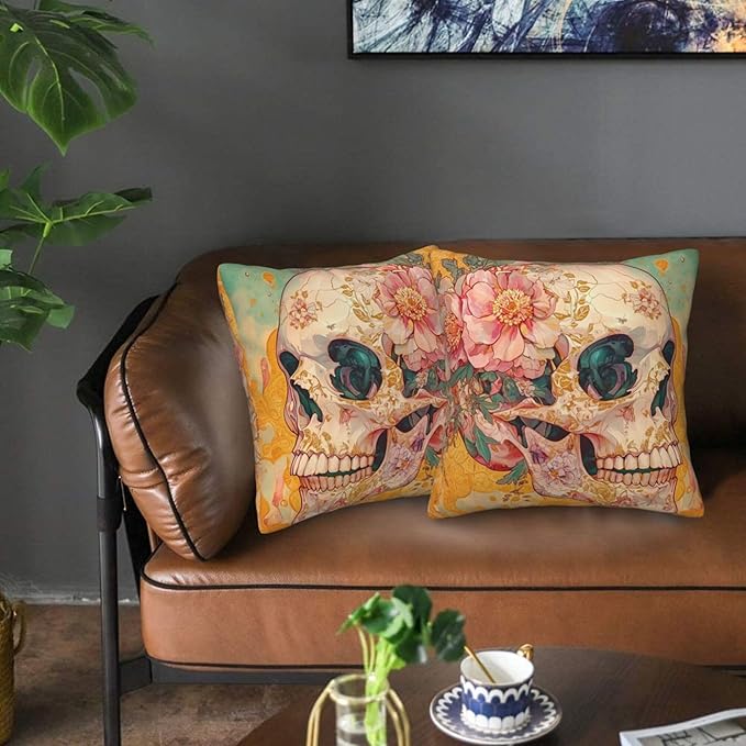 Skull Flower Throw Pillow Covers 18x18 inch Set of 2 Halloween Pillow Case Cushion Cover for Home Sofa Couch Living Room Car Decor