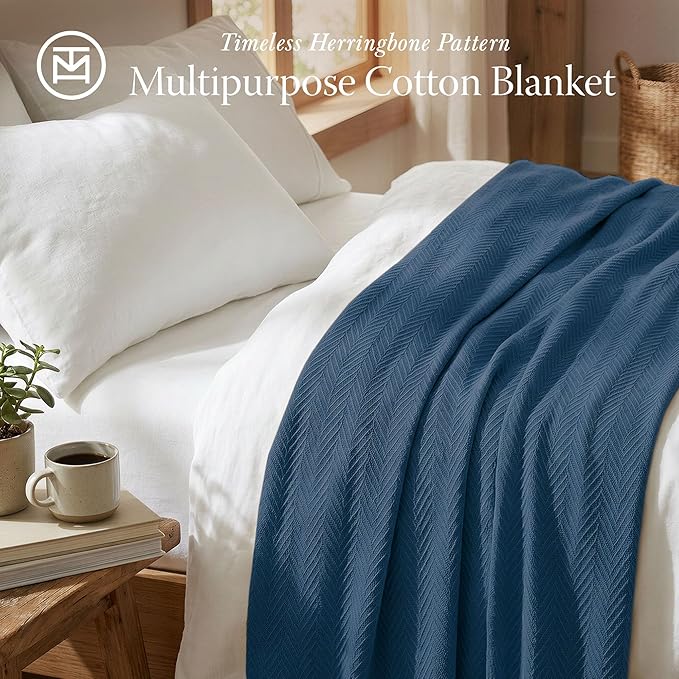 Threadmill Luxury Cotton Blankets for Twin Size Bed | All-Season 100% Cotton Twin Blanket for Bed | Herringbone Soft & Cozy Fall Thermal Blanket, 350GSM, 68x92 inches | Folkstone Blue