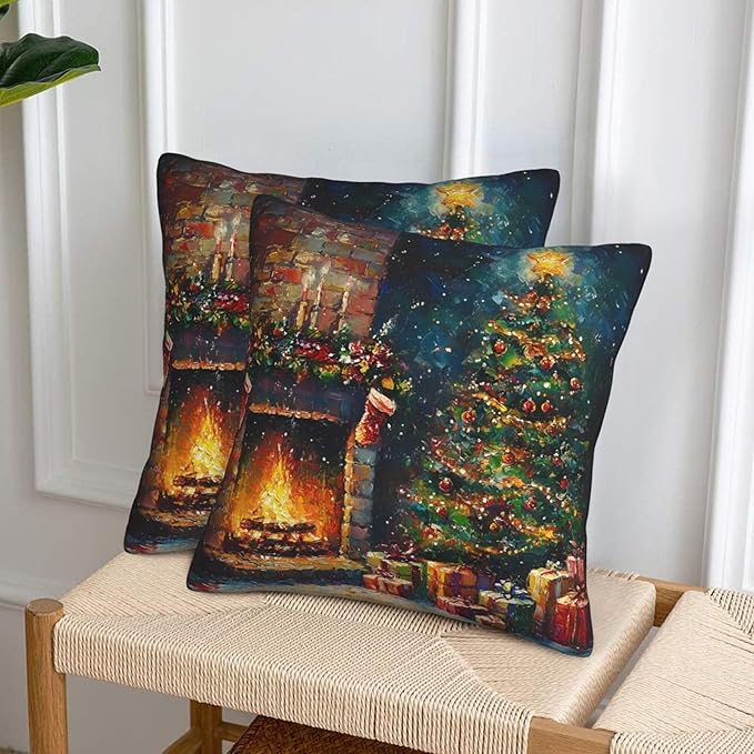 Christmas Tree and Fireplace Throw Pillow Covers 18x18 inch Set of 2 Xmas Pillow Case Cushion Cover for Home Sofa Couch Living Room Car Decor