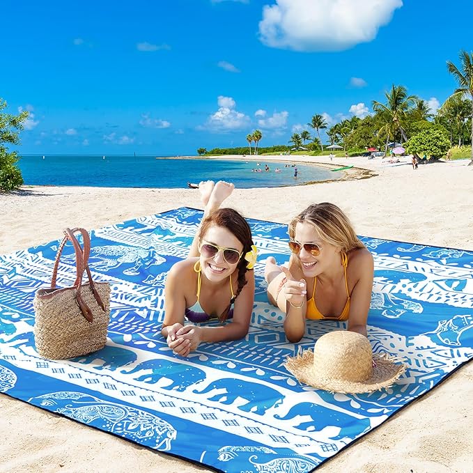 HIHOHO Beach Blanket Waterproof Sandproof Beach Mat for 1-8 Adults Quick Drying Durable Outdoor Picnic Mat for Beach Festival Travel Camping Hiking (Elephant-GC BL, 79"×83"(4 Person))