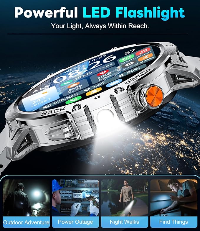Military Smart Watch for Men, 1.85" HD Large Screen, Bluetooth Call/1000mAh/Flashlight/Heart Rate Sleep Monitor, 110+ Sports Modes Fitness Tracker Watch for Android iOS, Holiday, Silver Steel