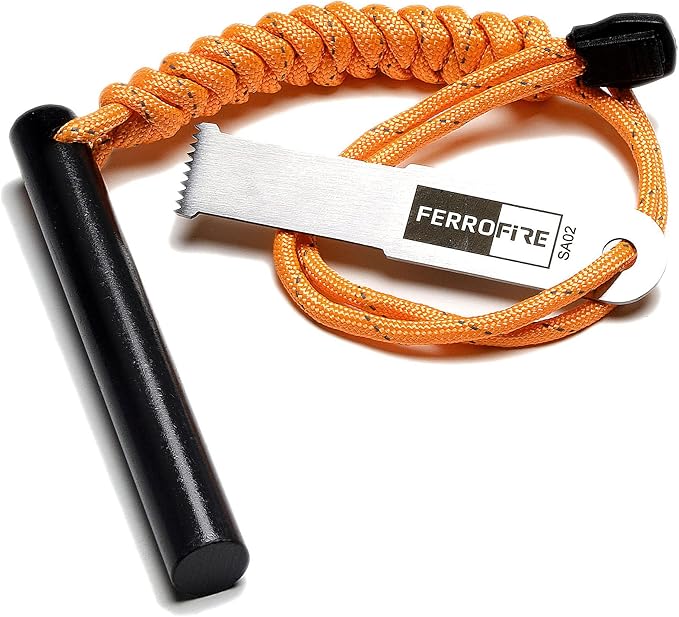 FS124 Heavy-Duty Fire Starter - 1/2 Inch Thick x 4 Inch Long Ferrocerium Rod with Magnesium, Carbon Alloy Steel Striker & 550 Paracord Handle for Survival, Camping, Emergency Kits