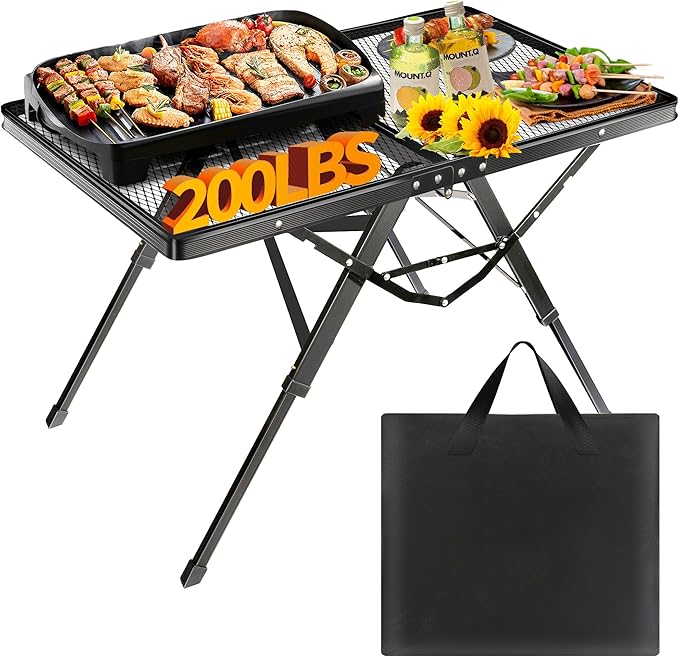 HPC DECOR Grill Table with Mesh Desktop,200lbs 3Ft Portable Folding Table,Camping Table,Picnic Table,Height Adjustable Metal Table for Ourdoor, Camping, Picnic, BBQ and Beach, RV, 35.4" L x 23.6" W