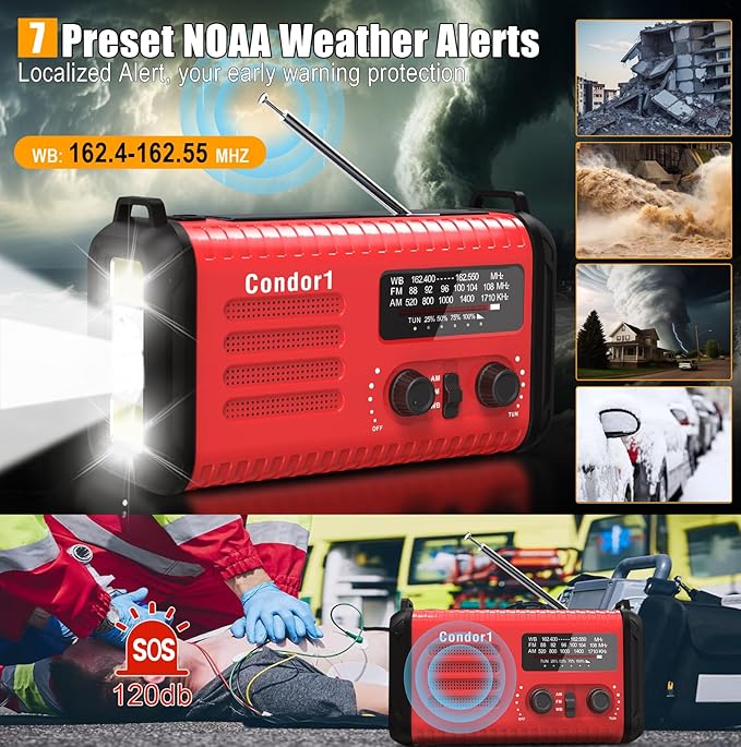 NOAA Weather Radio 20000mAh Battery Powered｜Solar Hand Crank Emergency Radio AM/FM｜USB-C Charger｜SOS Alarm｜Flashlight & Reading Lamp｜Hurricane Storm Power Outage Survival Emergencies (Red)