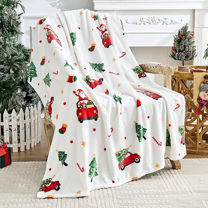 Edenleaf Christmas Blanket - White Holiday Throw with Santa Claus & Snowman - Warm Cozy Fleece Winter Blanket, 60x80 Inches，White