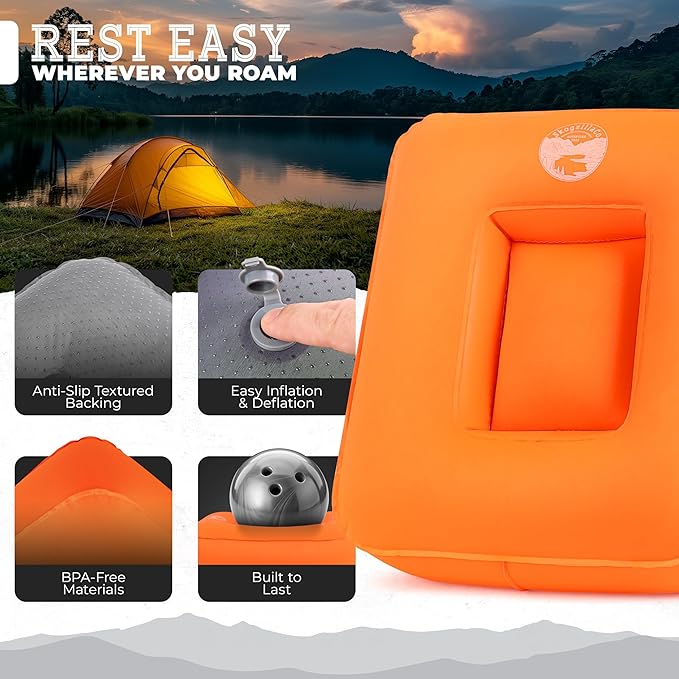 SkogzillaCo- Camping Inflatable Pillow Dual Chamber Ultralight Backpacking Pillow for Camping, Hiking & Travel, Blow Up Pillow with Adjustable Neck, Compact Portable- Orange