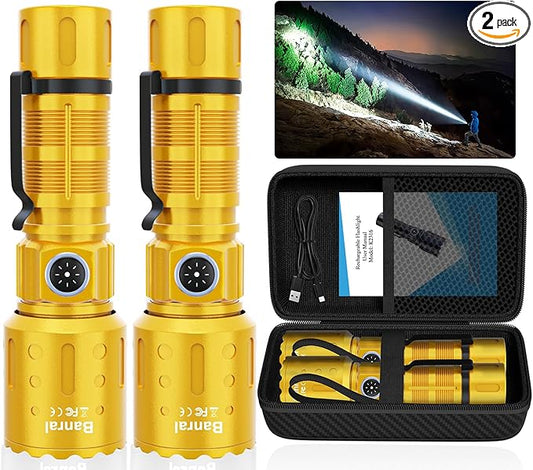 Banral Flashlights High Lumens Rechargeable, Super Bright Long Range Small Powerful Flashlight, 6 Modes LED Tactical Pocket Waterproof Flash Light for Home Emergency (2, Yellow Gold)