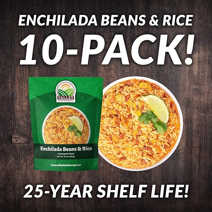 Valley Food Storage Enchilada Beans & Rice | 50 Servings Emergency Food Supply | Premium Survival Meals, 25 Year Shelf Life | Prepper Food, Camping & Off Grid Living Supplies (10 Bags + Bucket)