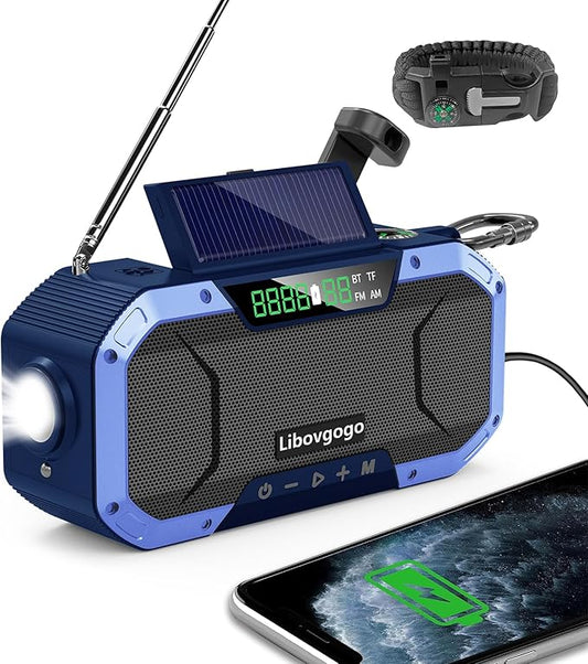 Emergency Radio Waterproof Bluetooth Speaker,Portable AM FM Radio with 5000mAh/18500mWh Cell Phone Charger,Flashlight,Reading Lamp,Hand Crank NOAA Weather Radio with Solar Panel,Emergency Survival Kit