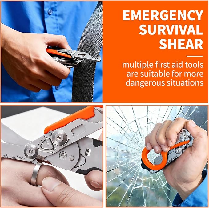 Folding Trauma Shears for EMT Accessories, 6 in 1 Multi-function Medical Shears with Holster for Outdoor Camping, Emergency Rescue, First Responders (Black-Orange)