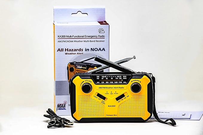 Kaito Voyager ECO Emergency Radio KA369 AM/FM NOAA Weather Alert 5-Way Powered Solar Crank Radio Receiver with LED Flashlight and USB Mobile Phone Charger Yellow