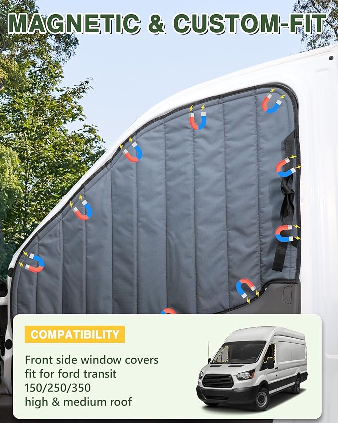 Insulated Blackout Van Window Covers Fit for Ford Transit 150 250 350 High/Medium Roof 2015-2025, Magnetic Van Front Door Side Window Shades (Pair) - Gray