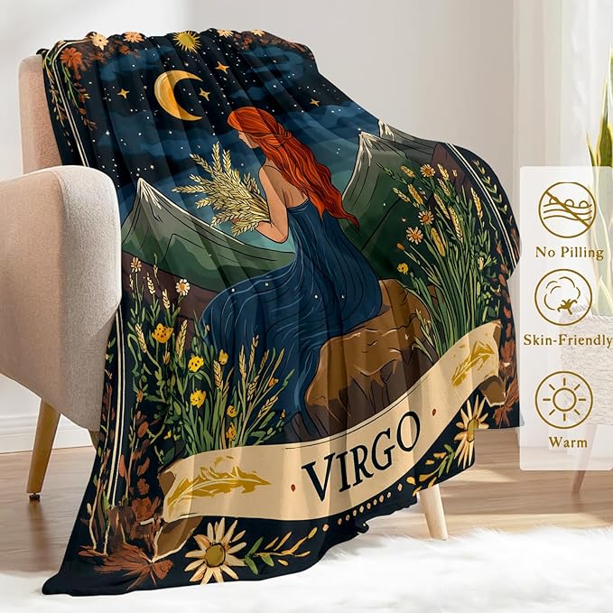 Virgo Zodiac Fleece Blanket - Lightweight Soft Cozy Gifts Throw for Zodiac Lovers,Kids,Women,Men,Red-Haired Maiden Starry Sky Tarot Blankets,Home Room Modern Artistic Bold Decor 50x60in