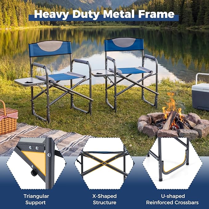 COSTWAY Folding Camping Chair, Lightweight Portable Directors Chair w/Side Table & Cup Holder, Padded Outdoor Heavy Duty Lawn Chair for Fishing, Picnic, Sports, Beach, Max Load 400 lbs (Blue,1)